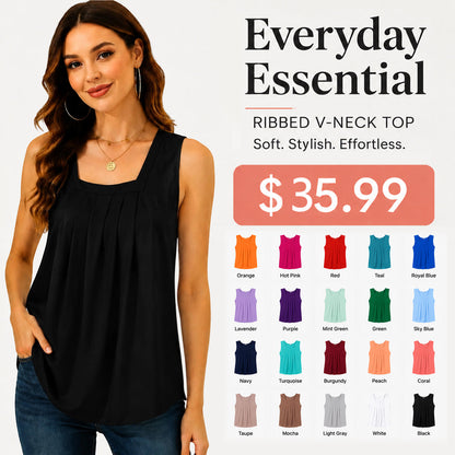 Special Sale🩷Summer Tank Tops for Women Loose Fit Pleated Square Neck Sleeveless Tops Curved Hem Flowy